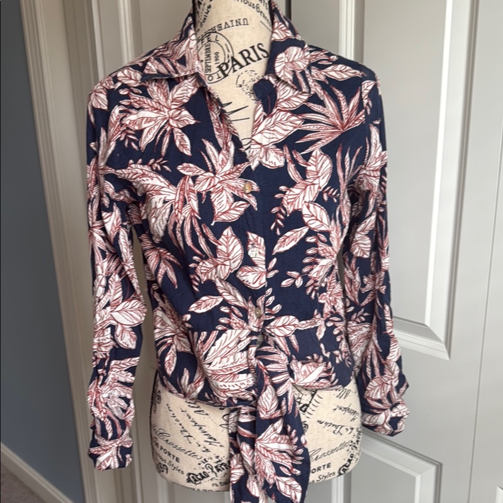 Nicole Miller Leaf Print Blouse in Blue and Red